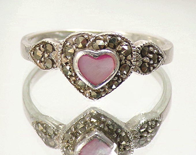 Pink Heart-Shaped Mother of Pearl with Marcasite Ring – 925 Sterling Silver- Vintage