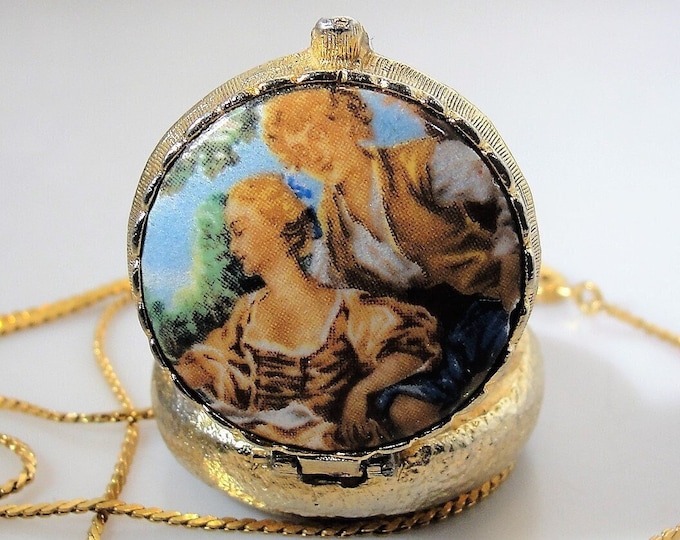 Perfume Locket Necklace, French Romantic Transfer Print Perfume Locket Necklace, Compact Style Perfume Locket, Vintage Necklace