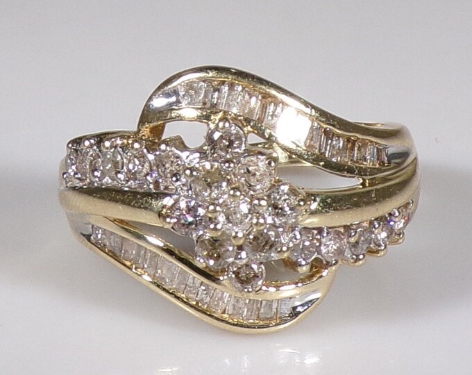 10K Yellow Gold Diamond Ribbon and Flower Cluster Cocktail Ring, Right Hand Ring, Anniversary Ring, Wedding Ring, Size 7.5, FREE SIZING!!