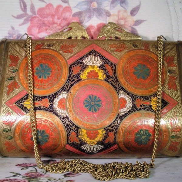 1970s Hand Painted and Machined Design Work Brass Purse with a Chatelaine Chain