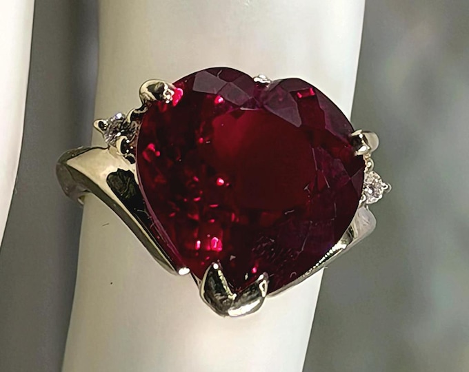 Vintage 14K Yellow Red Ruby Heart Ring with Diamond Accents - Size 5 - Free Sizing