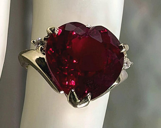 Vintage 14K Yellow Red Ruby Heart Ring with Diamond Accents - Size 5 - Free Sizing