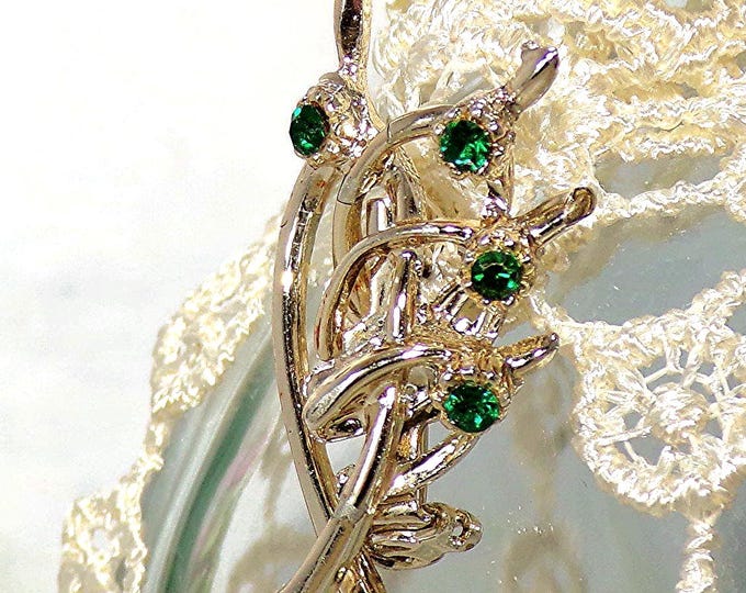 Quadruple Wishbone Brooch - Green Rhinestones - Gold Toned - Vintage