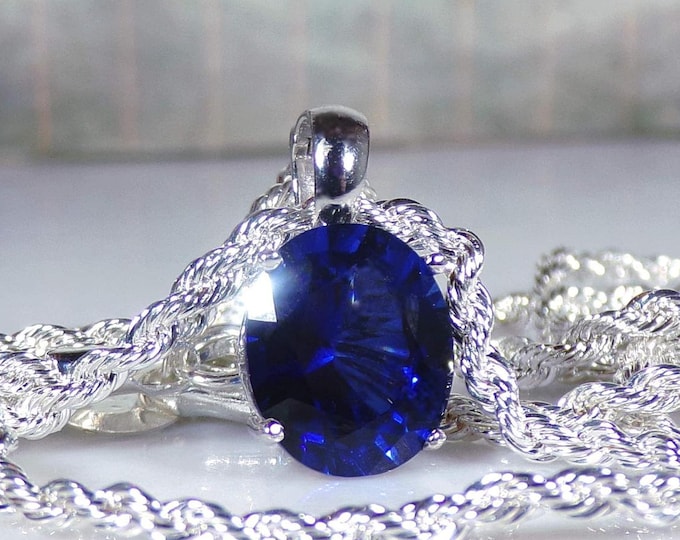Sapphire Pendant – 14K White Gold 5 Carat Lab Created Blue Sapphire Pendant – 12mm x 10mm - Twisted Sterling Silver Chain – Vintage Necklace