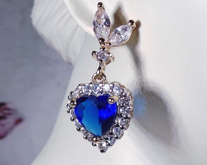 Heart Earrings – Gold Vermeil Blue CZ Sapphire Heart Earrings – Sapphire Blue Hearts – Post Earrings – Fashion Accessory - Vintage Earrings