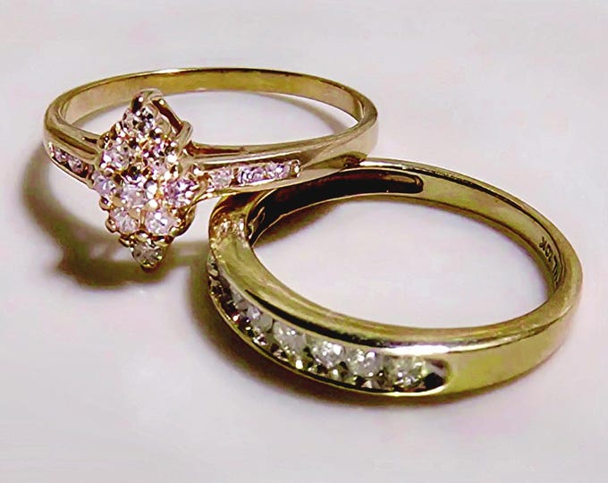 Vintage Diamond Bridal Ring Set: 14K & 10K Gold Engagement Wedding Rings - Size 7.5