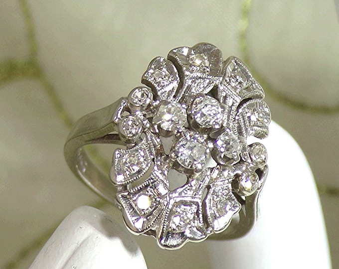 Women’s Genuine Diamond Shield Ring – 14K White Gold – Art Deco - Vintage