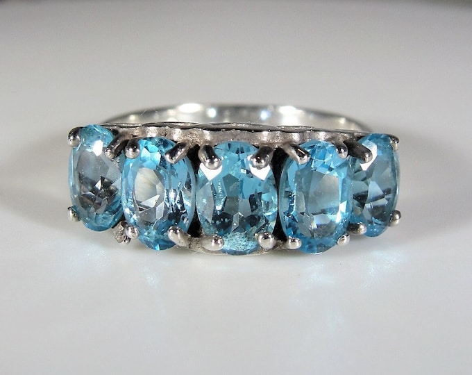 Sterling Blue Topaz Ring, Genuine Swiss Blue Topaz 5 Stone Band Ring, Right Hand Ring, Statement Ring, December Birthstone, S 6, FREE SIZING