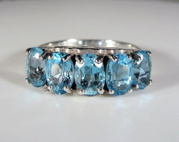 Blue Topaz Band Ring - Genuine Swiss Blue Topaz 5 Stone Band Ring - Sterling Silver - Blue Ring - December Birthday - Size 6 - Free Sizing!!