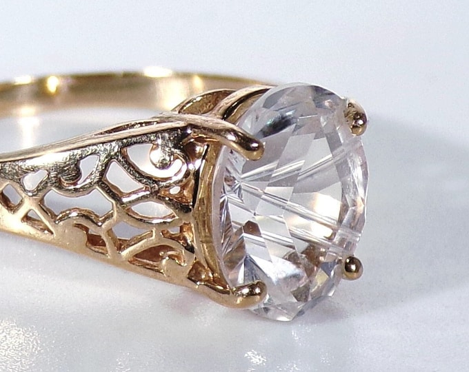 10K White Oval Fancy Cut Topaz Gemstone Ring with Filigree Designed Sides Ring, Statement Ring, Vintage Topaz Ring, Size 9, Free Sizing!!