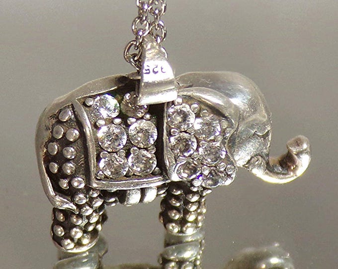 Necklace – Good Luck Upraised Trunk Elephant – Cubic Zirconia - 925 Sterling Silver - Vintage