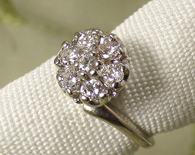 Engagement Ring – Genuine Diamond Flower Cluster Mounting – 14 KT White Gold - Vintage