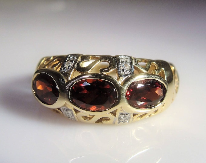 Garnet Ring, 10K Yellow Gold Band, Art Nouveau Garnet & Diamond Band, Garnet Ring, 3 Stone Ring, Vintage Ring, Size 6.75, Free Sizing!!