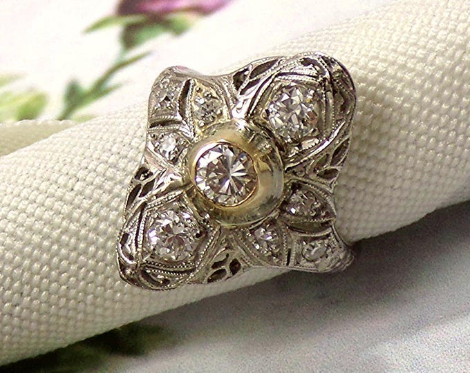 Ring – Genuine Diamonds with Bezel Setting – Art Deco Edwardian Filigree – Platinum -Vintage