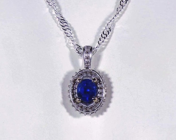Sapphire Necklace – Genuine Sapphire – 14k White Gold Pendant Necklace – Vintage Necklace – 20 Inch Sterling Silver Chain, Blue Sapphire Gem