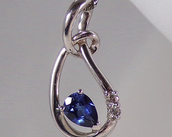 Trilogy Necklace – Blue & White Sapphire – Teardrop – 925 Sterling Silver - Vintage