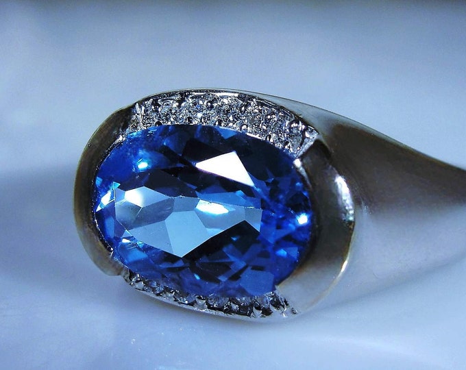 Topaz Ring - Blue Topaz and Diamond Ring - 14K White Gold Swiss Blue Topaz & Diamond Ring- Vintage Ring - Size 8.75 - Free Sizing!!
