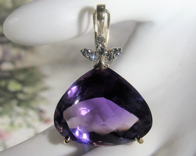 Amethyst and Diamond Pendant, 14K Yellow Gold Purple Amethyst Cabochon and Diamond Pendant, Natural Amethyst and Diamonds, Vintage Pendant