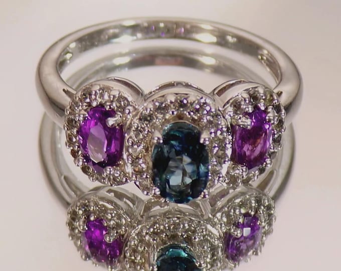 Art Deco Sterling Silver Trilogy Ring – London Blue Topaz, Amethyst, White Sapphire Halos