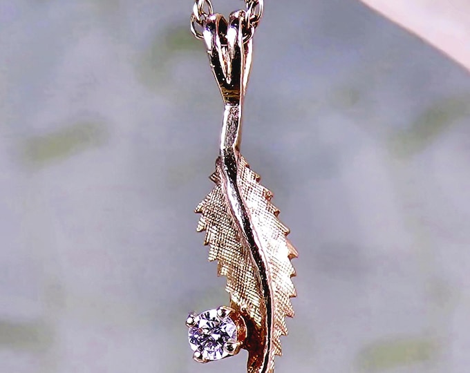Necklace – Leaf Design with Diamond – 14K Yellow Gold - 16 Inch Chain – Vintage