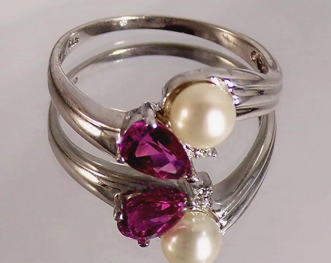 Toi et Moi Ring – Pink Pear-Shaped Tourmaline – Pearl – Genuine Diamond – Sterling Silver - Vintage