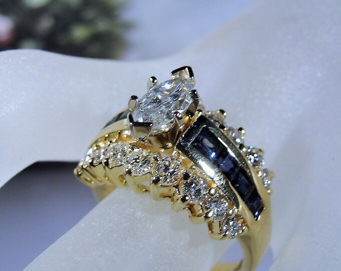 Womens Diamond Sapphire Ring, 14K Marquise Diamond and Sapphire Ring, Genuine Diamond and Sapphires, Vintage Ring, Size 8.5, Free Sizing!!