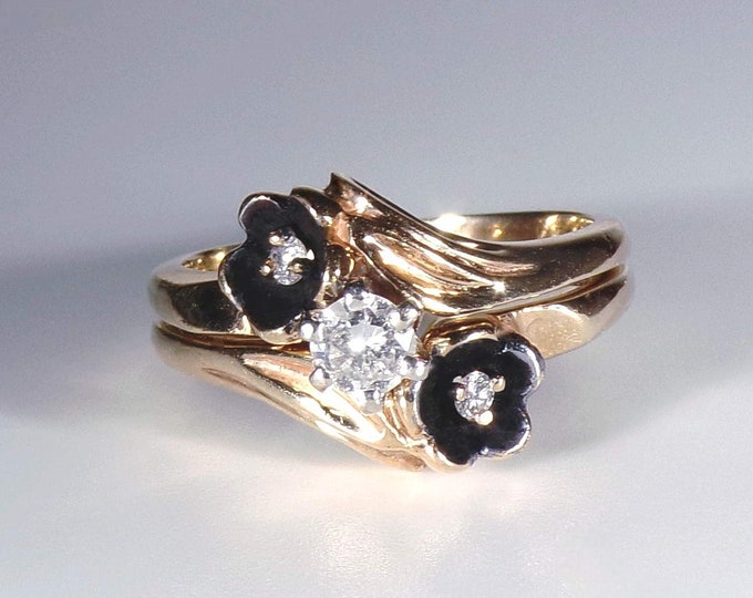 Bridal Ring Set – 14K Gold .30 CTW Diamond Ring Set w/ 2 Black Enamel Flower Accents – Engagement and Wedding Rings – Sz 4.25 – FREE SIZING!