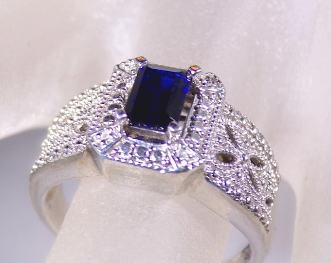 Sapphire Ring - Alwand Vahan Emerald Cut Sapphire & Diamond Sterling Silver Filigree Ring – .75 CT Gemstone - Diamond Accents – Vintage Ring