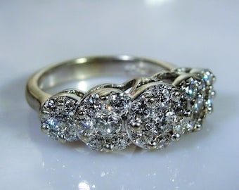 14K White Gold Diamond Flower Halo Ring - Vintage Anniversary Band - Size 7.25 - Free Sizing