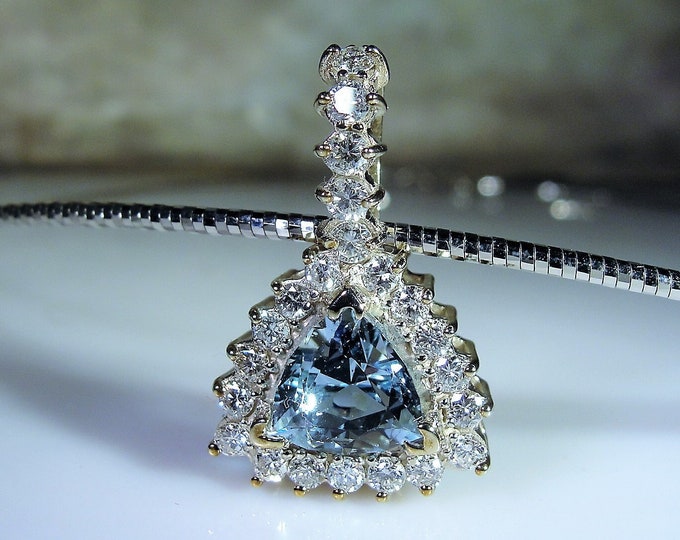 Aquamarine Necklace, 14K White Gold Aquamarine & Diamond Necklace, 3.52 CT Aquamarine, 1 CTW Diamonds, Omega Chain, Vintage Necklace