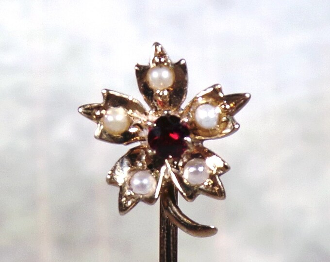 Victorian 14K Yellow Gold Genuine Garnet and Seed Pearls Maple Leaf Stick Pin, Label Pin, Hat Pin, Antique Stick Pin, Vintage Stick Pin