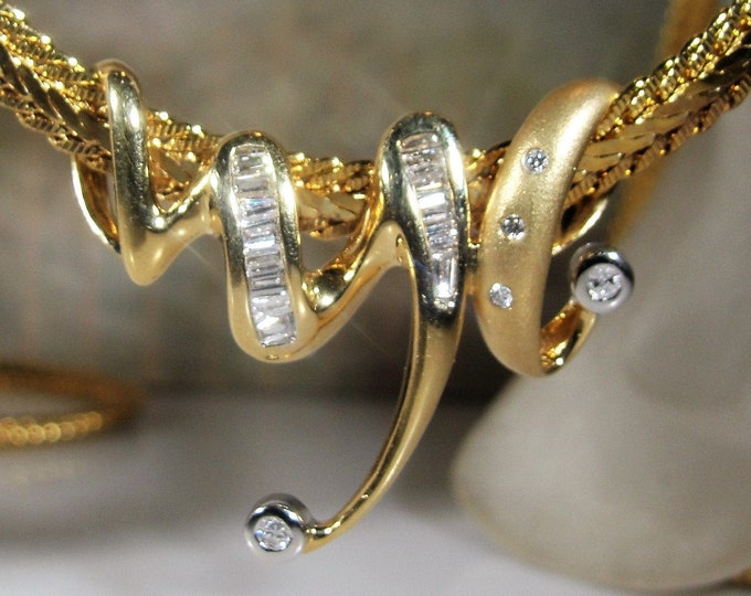 Diamond Pendant, 14K Yellow Gold Free Form Diamond Pendant, Mixture of Matte & High Gloss Finish, Genuine Natural Diamonds, Vintage Pendant