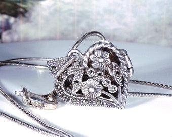 Sterling Silver Marcasite Floral Heart Locket Pendant Necklace – 20" Snake Chain – Silver Heart Locket – Vintage Locket & Necklace