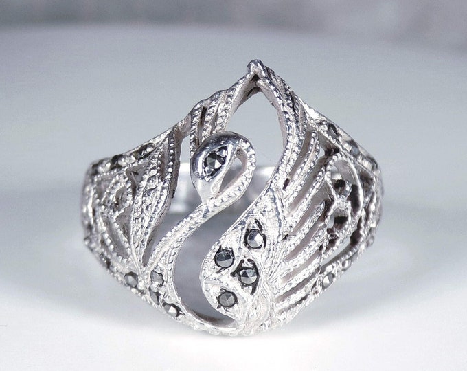 Sterling Silver Swan Ring with Detailed Open Metal Work with Diamond Cut Filigree & Marcasite Accents – Vintage Ring – Size 9 – Free Sizing!