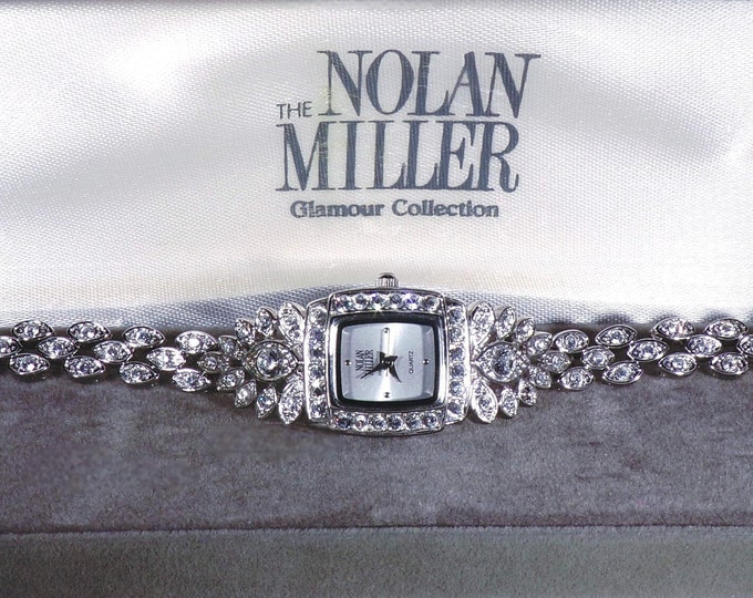 NOLAN MILLER Glamour Collection Rhinestone Silver Tone Ladies Wrist Watch – Art Deco Style – 1980s Jewelry – Vintage Wrist Watch (NOS)