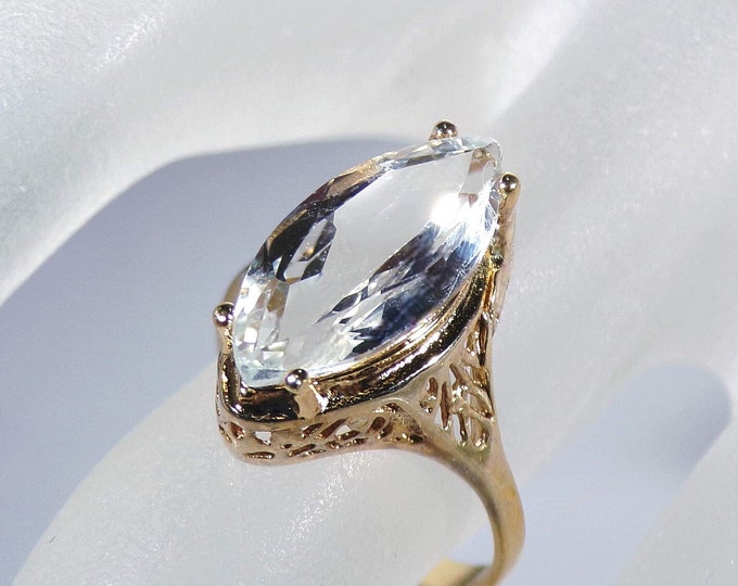 Topaz Ring – Edwardian Style Gold Vermeil 2.5 Carat Marquise Solitaire White Topaz Ring – Vintage Reproduction – Size 7 – FREE SIZING!!