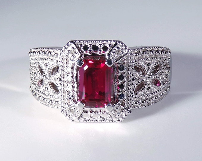 ALWAND VAHAN Emerald Cut Ruby and Diamond Sterling Silver Filigree Ring – 3/4 of a Carat Ruby - 4 Round Cut Diamonds – Vintage Ring