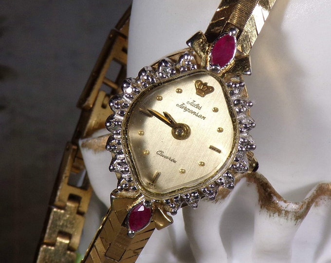 Womens Wrist Watch - JULES JERGENSEN Ruby & Diamond Wrist Watch - Multi-Gem Watch - Quartz Watch - Analog Wrist Watch - Vintage Wrist Watch