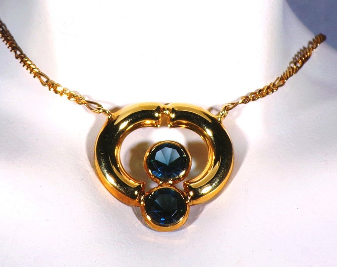 Italian Gold Vermeil Modern Style Choker Necklace with Two Sapphire Blue Round Crystals and a Figaro Link Chain, Vintage Necklace