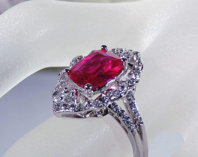 Ruby & White Sapphire Ring – Cushion Cut Ruby and White Sapphires - Lacey Metal Mounting – Lab Created - S 6.75 – Vintage Ring – FREE SIZING