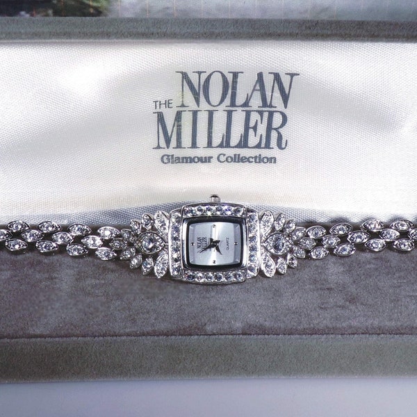 NOLAN MILLER Glamour Collection Rhinestone Silver Tone Ladies Wrist Watch – Art Deco Style – 1980s Jewelry – Vintage Wrist Watch (NOS)