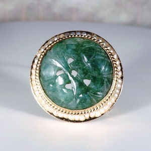 14K Yellow Gold Hand Carved Jade Brooch with a Halo of Seed Pearls Surrounding the Edge of the Petite Round Brooch, Vintage Brooch