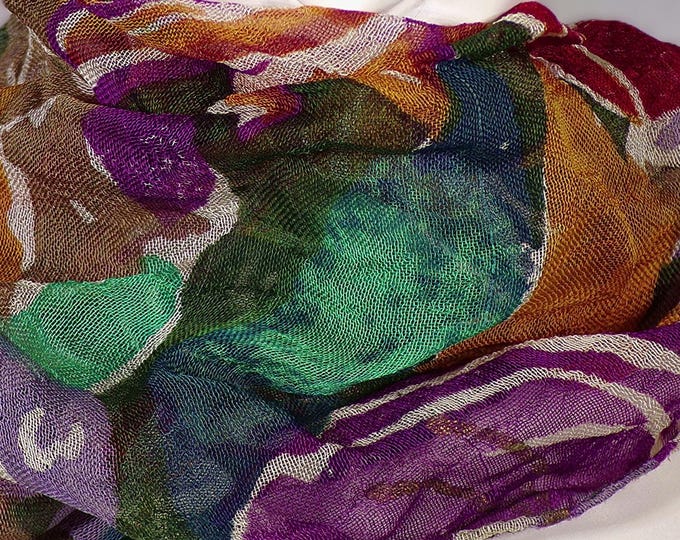 Multicolored Sheer Floral Pattern Scarf – 60 by 12 inches – Yellow, Blue, Purple and Red Flowers and Leaves – Vintage Scarf Accessory