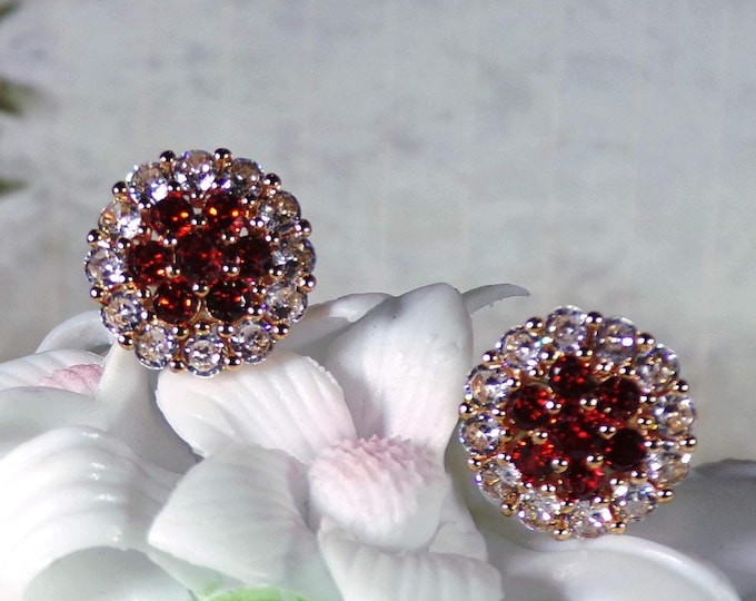 Red Floral CZs with Clear CZ Halo Glamourous Gold-Plated Stud Earrings – Flower Earrings - Post Earrings - Circa 1980’s - Vintage Earrings