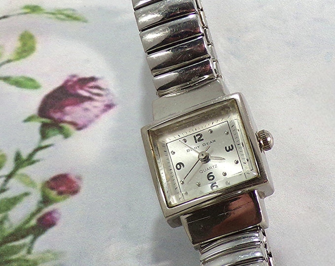 Body Gear Wristwatch – Stainless Steel – White Squarish Face - Expandable Band – Analog - Vintage