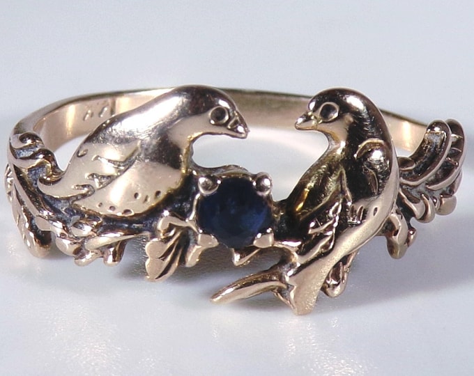 Victorian 14K Yellow Gold Blue Sapphire with 2 Turtle Doves Promise Ring, Friendship Ring, Love Ring, Vintage Ring, Size 6.75, FREE SIZING!!