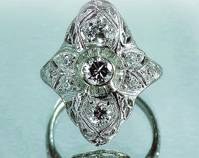 Ring – Genuine Diamonds with Bezel Setting – Art Deco Edwardian Filigree – Platinum -Vintage