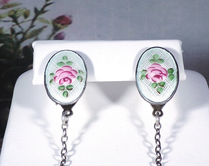 WEBSTER Company Antique Victorian Sterling Silver Guilloche Enamel Tea Rose Flower Sweater Clips with Chain, Vintage Sweater Guards