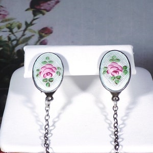 Webster Company Antique Victorian Sterling Silver Guilloche Enamel Tea Rose Flower Sweater Clips with Chain, Vintage Sweater Guards