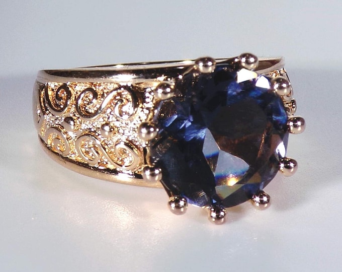 Womens Ring - Gold Vermeil Crown Prong Mounted Bluish-Purple Iolite Gemstone - 3.5 CT Gemstone - Wide Design Band - Vintage Ring - Size 6